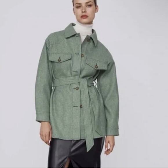 Zara Jackets & Blazers - Zara Green Felt Belted Shacket